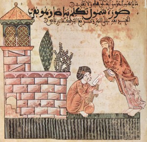 Histoire de Bayâd et Riyâd (« Hadîth Bayâd wa Riyâd »), manuscrit maghrebin, Scène : Le Shanûl apporte une lettre de Riyâd à Bayâd – XIIIème siècle 