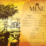 Restaurant menu design. Vector menu brochure template for cafe, coffee house, restaurant, bar. Food and drinks logotype symbol design. With a sketch pictures